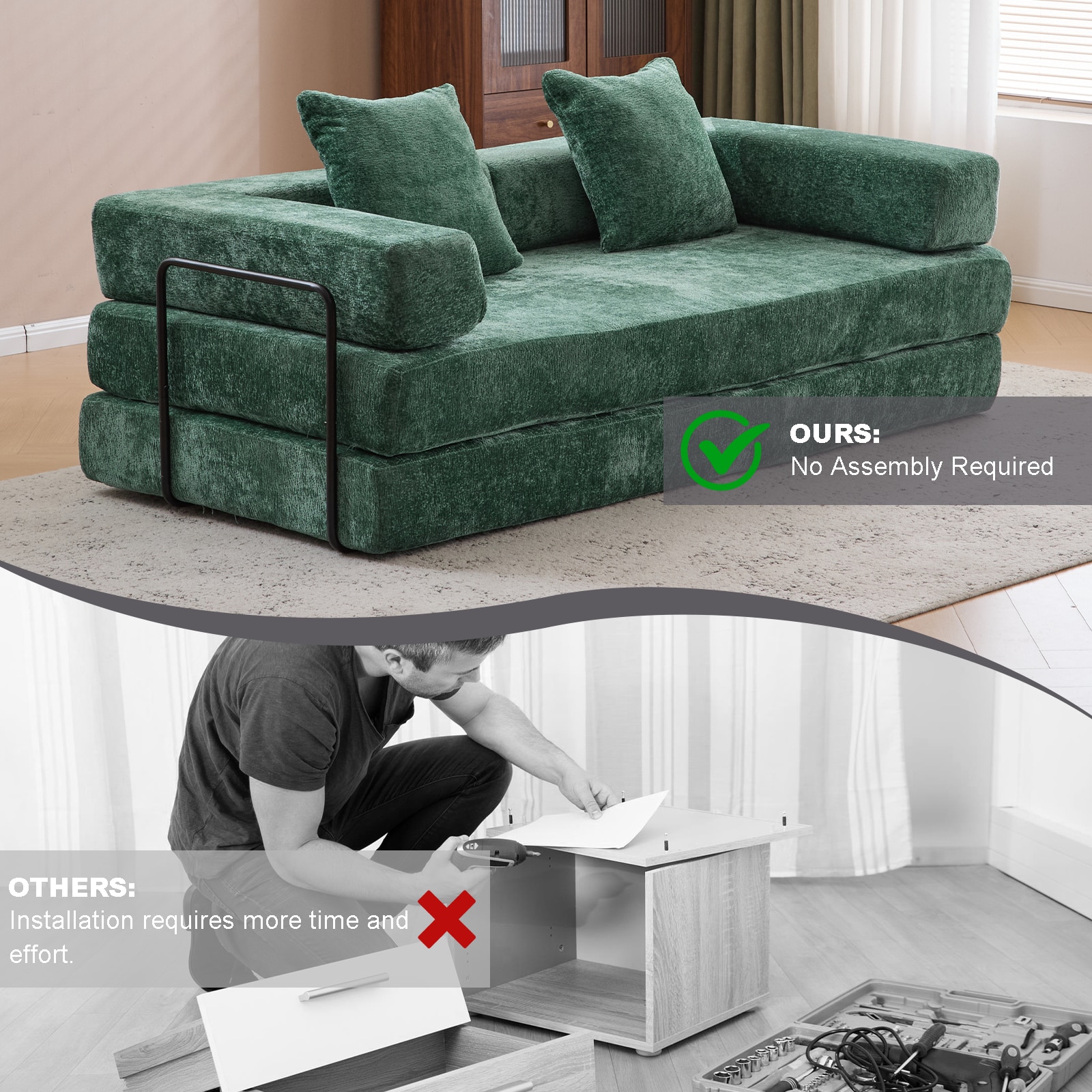 Floor Couch,Compression Sofa,Convertible Floor Sofa Bed-with Pillow Back Support Armrest,Comfy Futon Couch Lounge Sleeper Bed,Flannel Fabric,for Living Room Bedroom (dark Green)_voghion.com